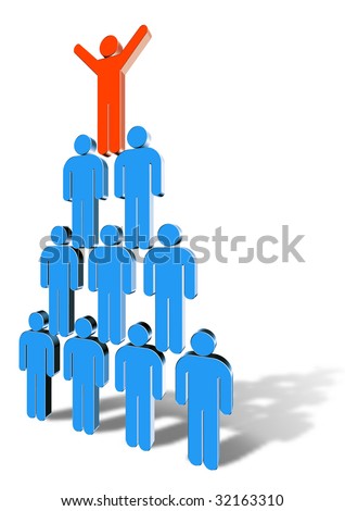 Stylized drawing of a team of people building a human pyramid, supporting each other. Three-dimensional colour vector.