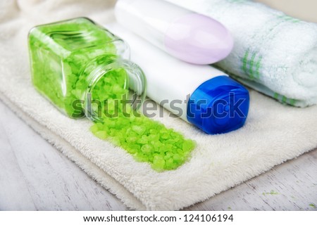 different cosmetic for body,shampoo, body wash, bath towel, bath salt, cream for face and body, deodorant, antiperspirant