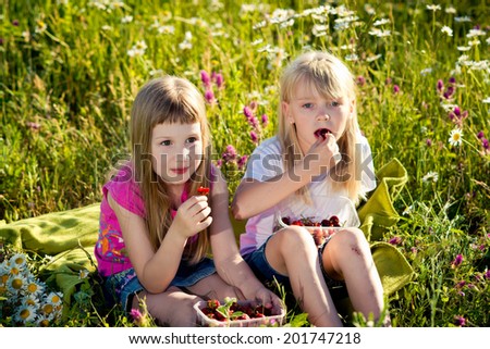 Lovely happy little girls eat cherries outdoors sitting on chamomile field
