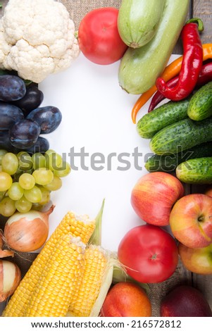 vegetables and fruits on white background. Frame Design