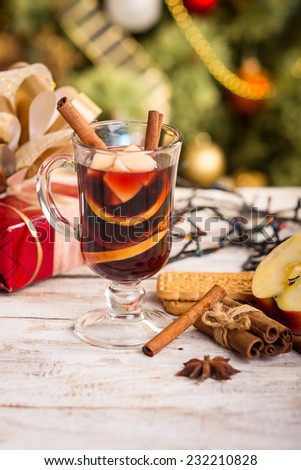 mulled wine on New Year's table. Christmas mulled wine