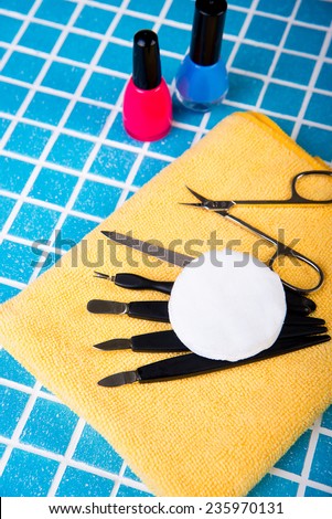 Manicure set, varnish for manicure and a towel