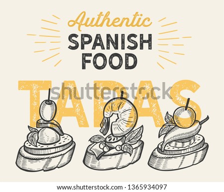 Spanish cuisine illustrations - tapas for restaurant. Vector hand drawn poster for catalan cafe and bar. Design with lettering and doodle vintage graphic.