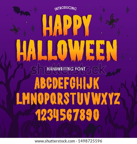 Halloween font. Typography alphabet with colorful spooky and horror illustrations. Type design for holiday party celebration. Design vector banner with hand-drawn lettering.
