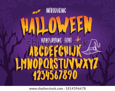 Halloween font. Typography alphabet with colorful spooky and horror illustrations. Handwritten script for holiday party celebration and crafty design. Vector with hand-drawn lettering.