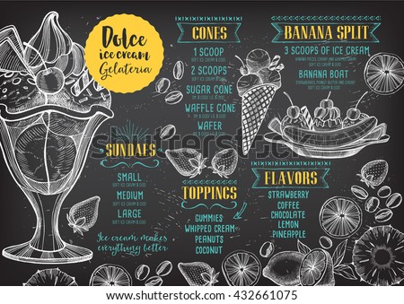 Ice cream menu placemat food restaurant brochure, dessert template design. Vintage creative sweet template with hand-drawn graphic. Vector food menu flyer. Gourmet menu board.