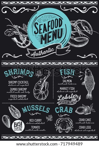 Seafood menu for restaurant and cafe. Design template with hand-drawn graphic illustrations.