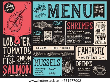 Seafood menu for restaurant and cafe. Design template with hand-drawn graphic illustrations.