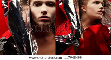 Collage of arty portraits of a fashionable red-haired model in red with silver foil cape over red curtain background. Close-up. Studio shot