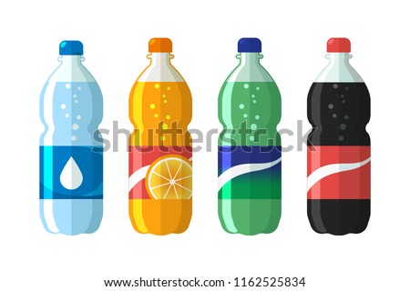 set of plastic bottle of water and sweet soda. Flat vector soda icons illustration.