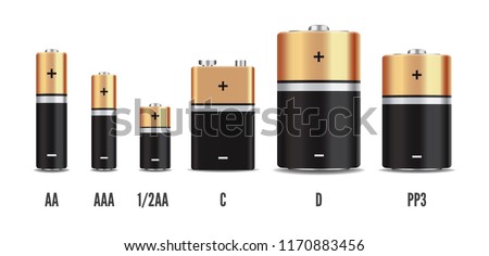 Vector gold and black realistic alkaline battery set, diffrent size isolated on white background. Vector Vector battery set,