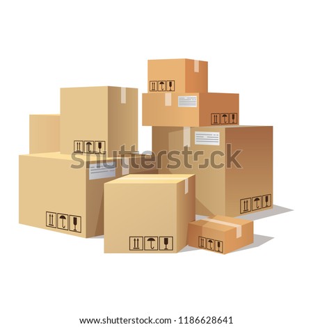 Many cartons,boxes of different size, pile of package. Packing material, sealed boxes isolated on white background. Vector illustration in flat style.