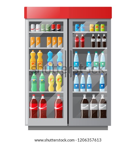 Refrigeration showcase with drinks in colorful bottles in flat style. Soda, lemonade, mineral water. Fridge in shop. Vector illustration.