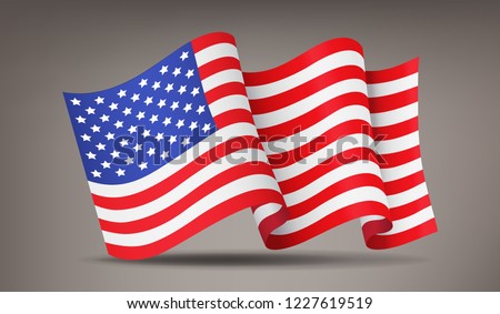 Fluttering, waving realistic American, USA flag, national symbol, vector illustration on gray background
