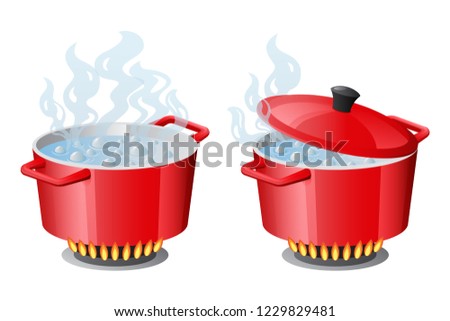 Set red pans with boiling water, opened and closed pan lid on gas stove, fire and steam, vector illustration