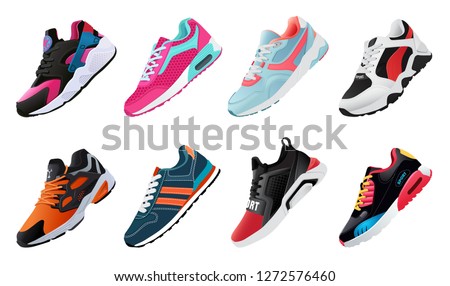 Vector fitness sneakers shoes for training, running shoe vector illustration. Sport shoes set. 商業照片 © 