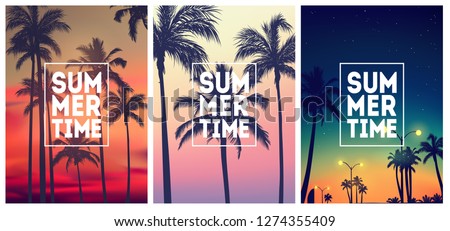 Summer tropical backgrounds set N2 with palms, sky and sunset. Summer placard poster flyer invitation card. Summertime