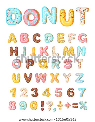 Donut icing latters, font of donuts. Bakery sweet alphabet. Letters and numbers with pink, yellow, blue donut. Donut alphabet and numbers, isolated on white background, vector illustration