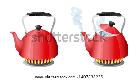 Red kettle with boiling water on gas kitchen stove flame, teapot with closed and open lid, evaporating water from the spout, boil water, solated on white background vector illustration