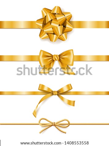 Set of golden ribbons with bows, decoration for gift boxes wrap, design element, isolated on white background, vector illustration