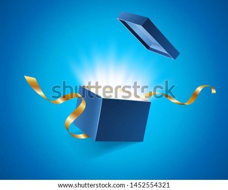 Blue opened 3d realistic gift box with magical shining glow and golden ribbons flying off cover, place for your text, realistic box with shine vector illustration