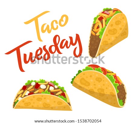 Traditional taco Tuesday, cafe or restaurant poster with delicious tacos, spicy Mexican food with tortilla, beef, salad and tomato, vector illustration