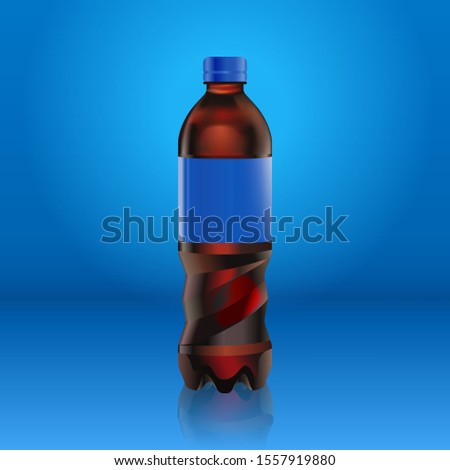 Realistic cola bottle with blue label mock up isolated on blue background reflected off the floor, vector illustration. Suitable for your large format ads, billboards and posters