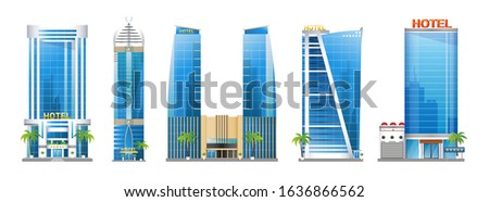 Set of modern hotel buildings, skyscraper towers with palm trees, architecture constructions, urban landscape of Doha Qatar, vector illustration isolated on white background