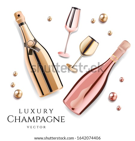 Rose gold champagne bottles with wine glasses, luxury festive alcohol products for celebration, vector illustration