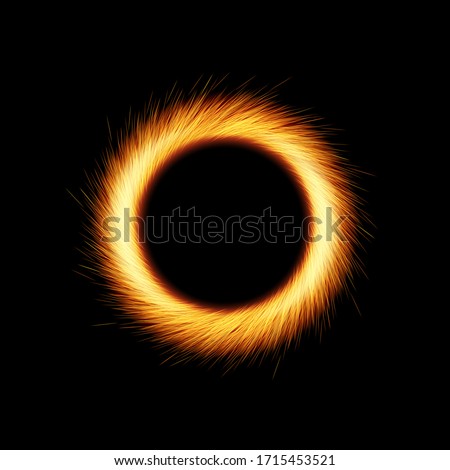 Shining glittering circle with orange sparkles and glowing lights on black background, portal or round frame, vector illustration