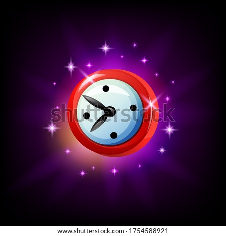 Mobile game clock or timer icon on dark background. Vector graphic user interface element for mobile app, cartoon style
