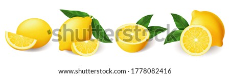 Realistic lemon with green leaf whole and sliced set, sour fresh fruit, bright yellow peel, set of lemons vector illustration isolated on white background