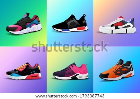 Vector fitness sneakers shoes for training, running shoe vector illustration. Sport shoes set on color gradient background. 商業照片 © 