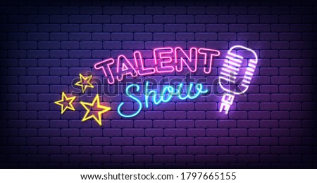 Talent show neon sign banner, poster, with stars and microphone, bright signboard, advertising or invitation, event, vector illustration.