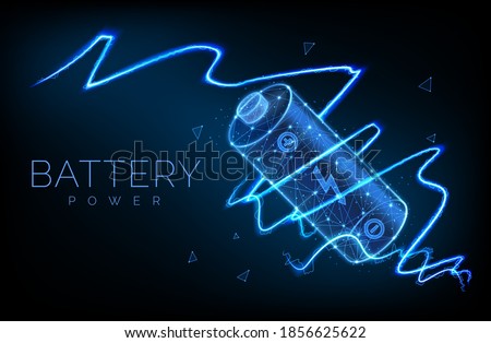 Abstract low poly battery charge from electric discharge or lightning, high voltage, long battery charge and energy, vector illustration