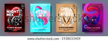 Set of Club posters with headphones, dance party, fluid design flyer, invitation, banner template, dj music event, colorful White, black, blue and pearl headphones, vector illustration