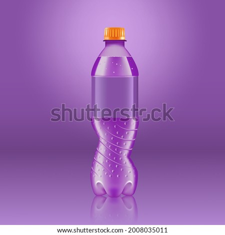Realistic soda lemonade bottle mock up with purple label isolated on purple background reflected off the floor, vector illustration. Suitable for large format ads, billboards and posters