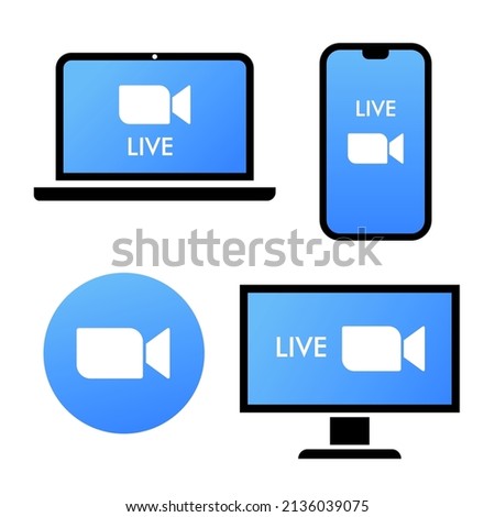 Blue camera icon - Live media streaming application on different devices - zoom in laptop, smartphone, tv, tablet, monitor, conference video calls with several people at the same time vector icon logo
