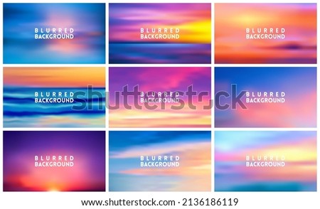 Set of 9 horizontal wide blurred nature sea sunset backgrounds