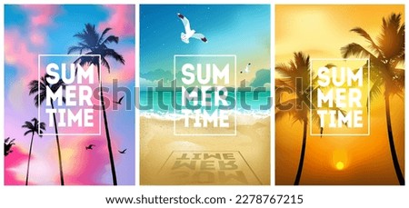 Summer tropical beach backgrounds set with palms, sea beach, sky sunrise and sunset. Summer placard poster flyer invitation card. Summertime, perfect t shirt print.
