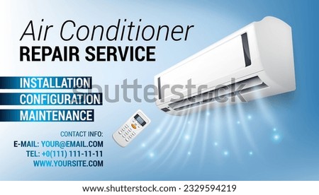 Air Conditioning Repair Flyer banner business card with Realistic detailed isometric 3d air conditioning blowing cold air in the room for home