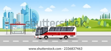 Bus transfer from countryside to big capital city, airport, sightseeing route, bus stop, bus station, vector illustration