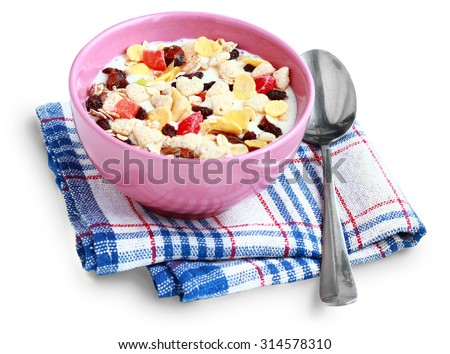 Breakfast: cereal in a pink bowl isolated on white background