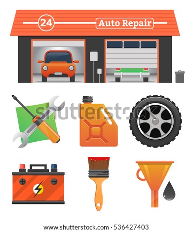 Auto repair icons set Vector garage concept. Car tuning, gas station, oil, auto repair, battery charging, autocorrect, auto painting. Cars in garage, car wash