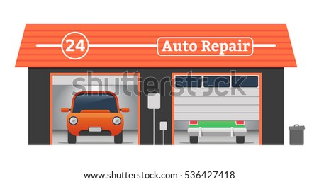 Auto repair Vector flat garage concept. Car tuning, auto repair, battery charging, autocorrect, auto painting. Cars in garage, car wash