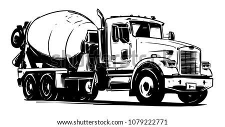 Concrete Mixer Truck. vector black and white illustration