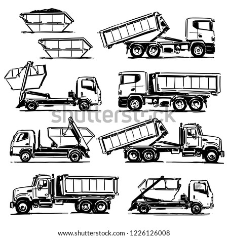 Hook-Lift Trucks set. Hand drawn illustration