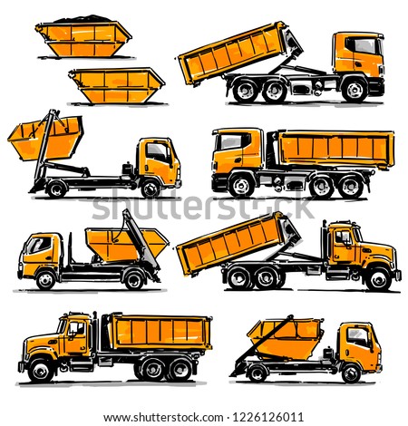 Hook-Lift Trucks set. Hand drawn illustration