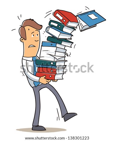 Office Worker With Big Heap Of Paper Work. Cartoon Illustration ...