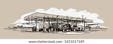 Trucks at the gas station. hand rawn illustration